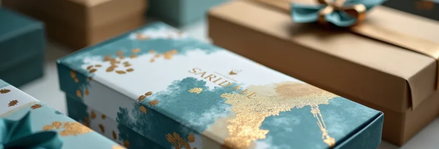 Vue détaillée d'emballages personnalisés variés avec éléments de design créatifs et colorés