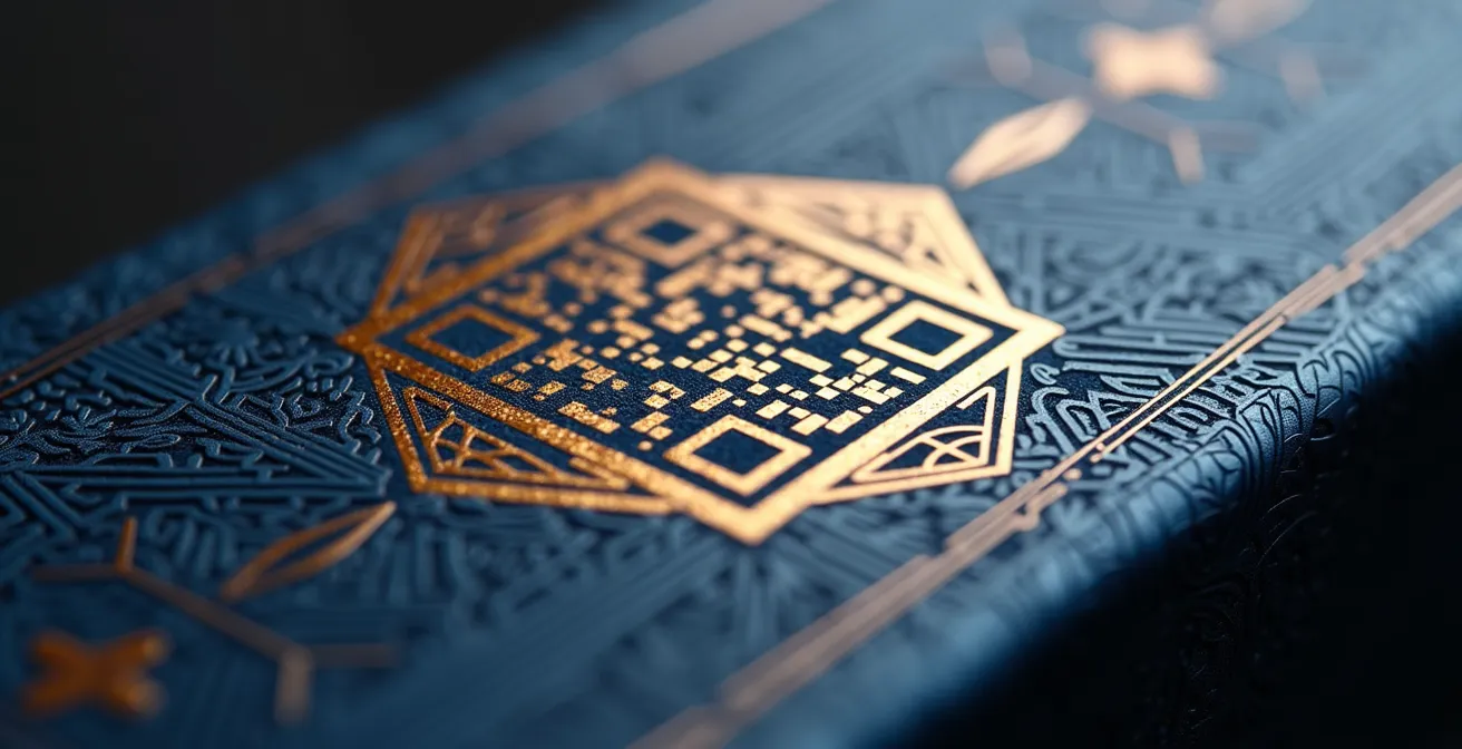 Code QR artistique intégré dans un design d'emballage moderne