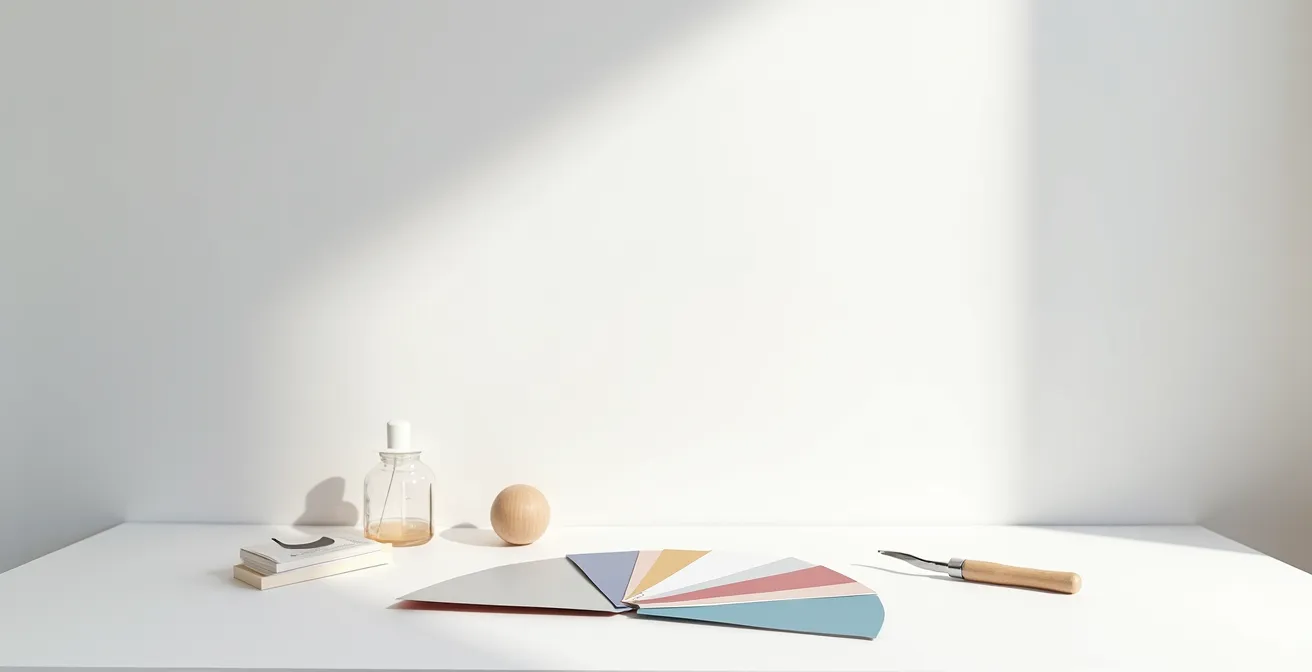 Espace de travail épuré avec échantillons d'impression et nuanciers disposés harmonieusement