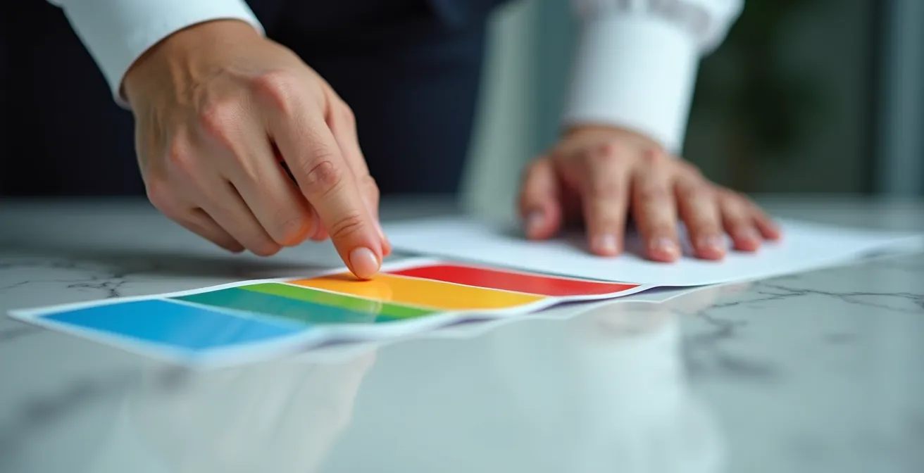 Mains professionnelles manipulant une séquence de supports visuels